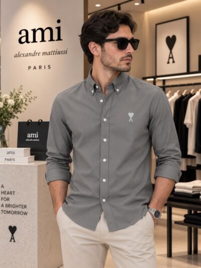 Ami Paris Premium Oxford Lycra Shirts [ Medium Grey ] 2