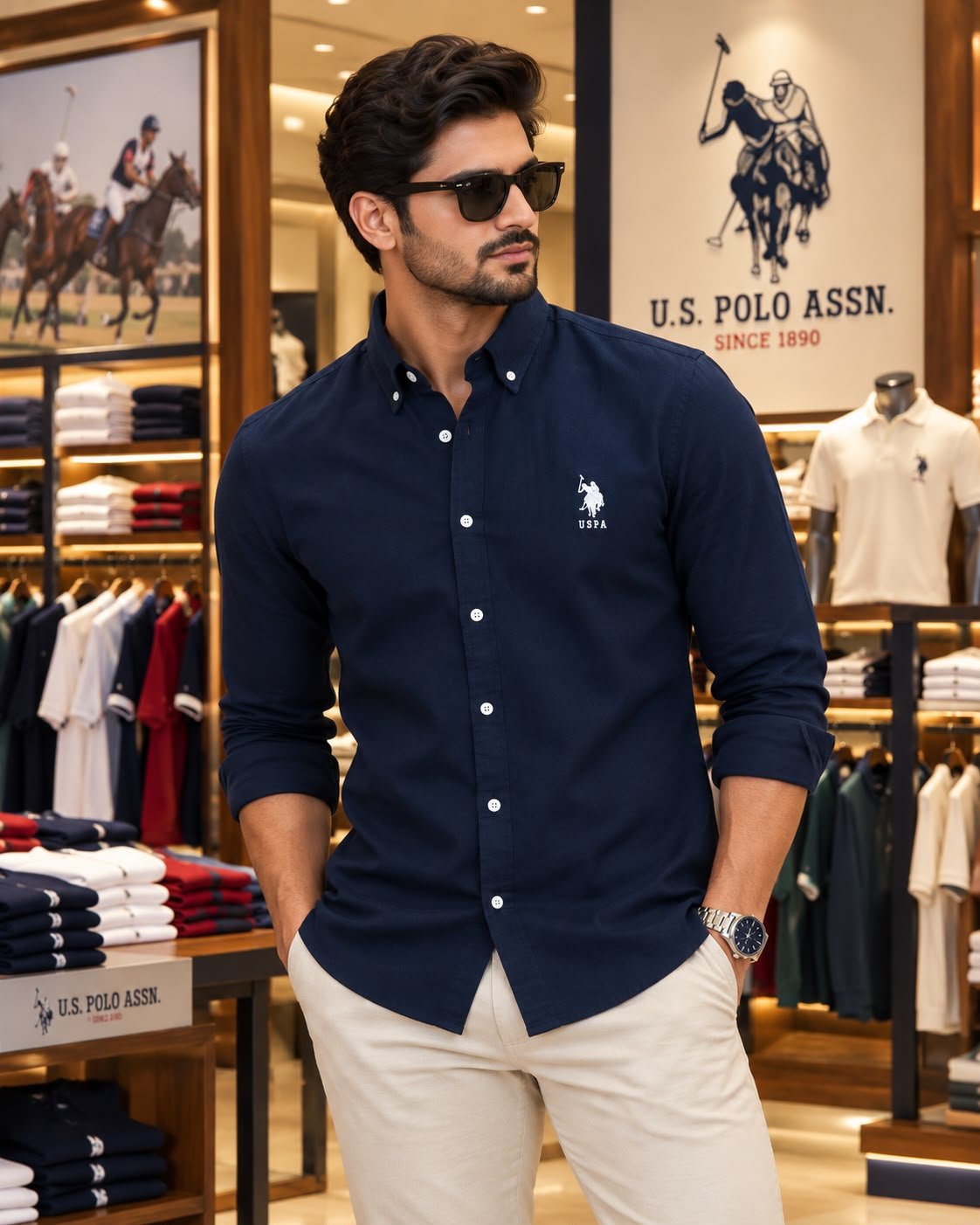 US Polo Premium Cotton Linen Shirt (Navy Blue) 6
