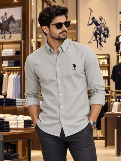 US Polo Premium Cotton Linen Shirt (Light Gray) 5