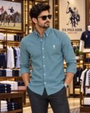 US Polo Premium Cotton Linen Shirt (Teal Blue) 2