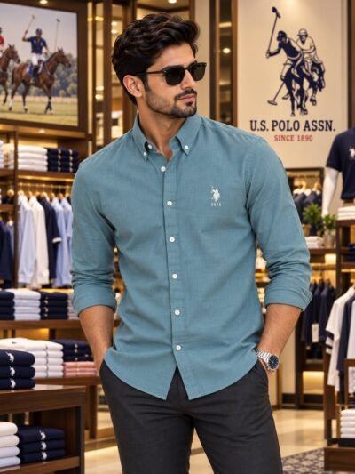 US Polo Premium Cotton Linen Shirt (Teal Blue) 2