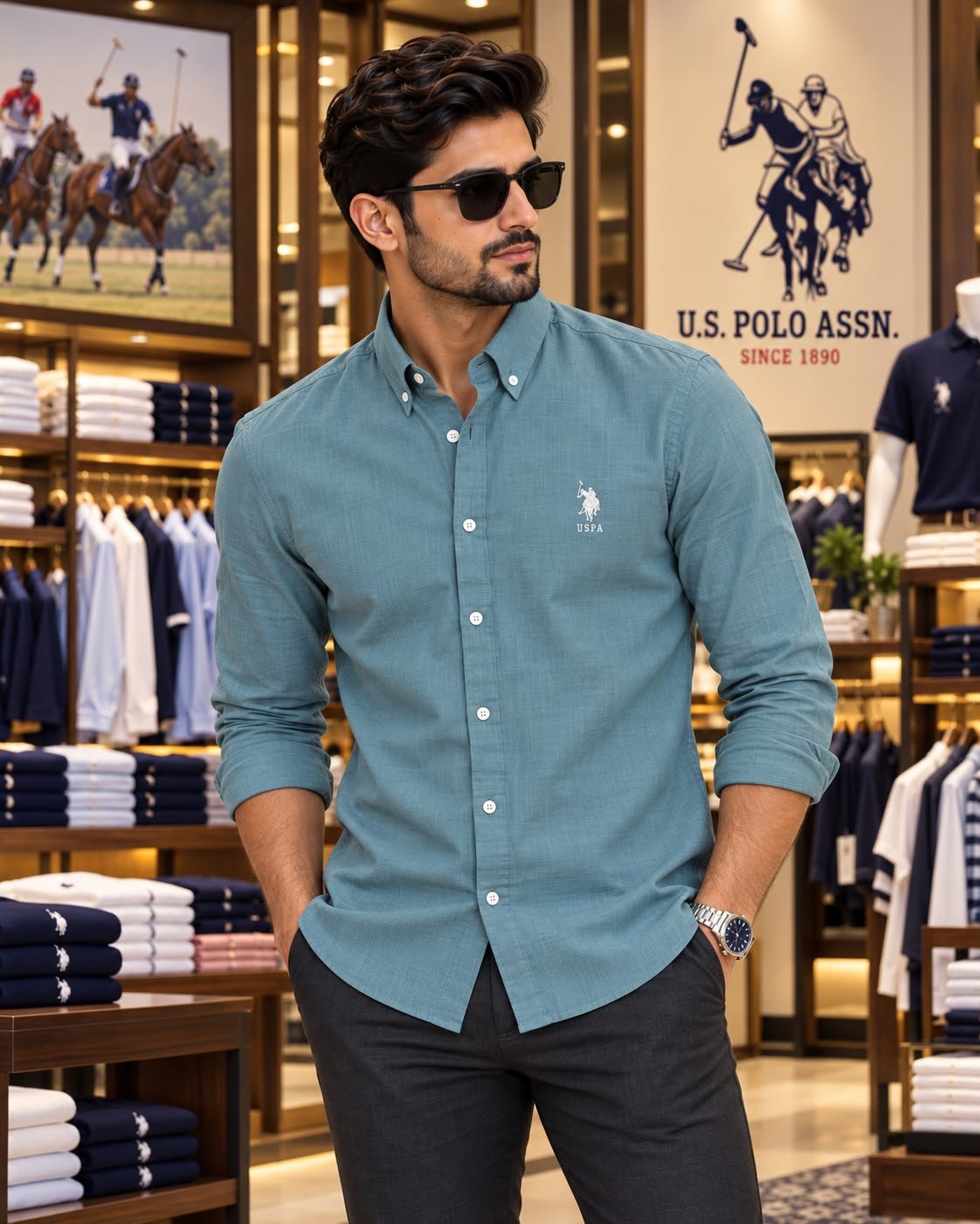 US Polo Premium Cotton Linen Shirt (Teal Blue) 2
