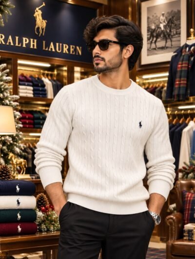 RL Polo Premium Cable Knit Cotton Jumber (White) 2