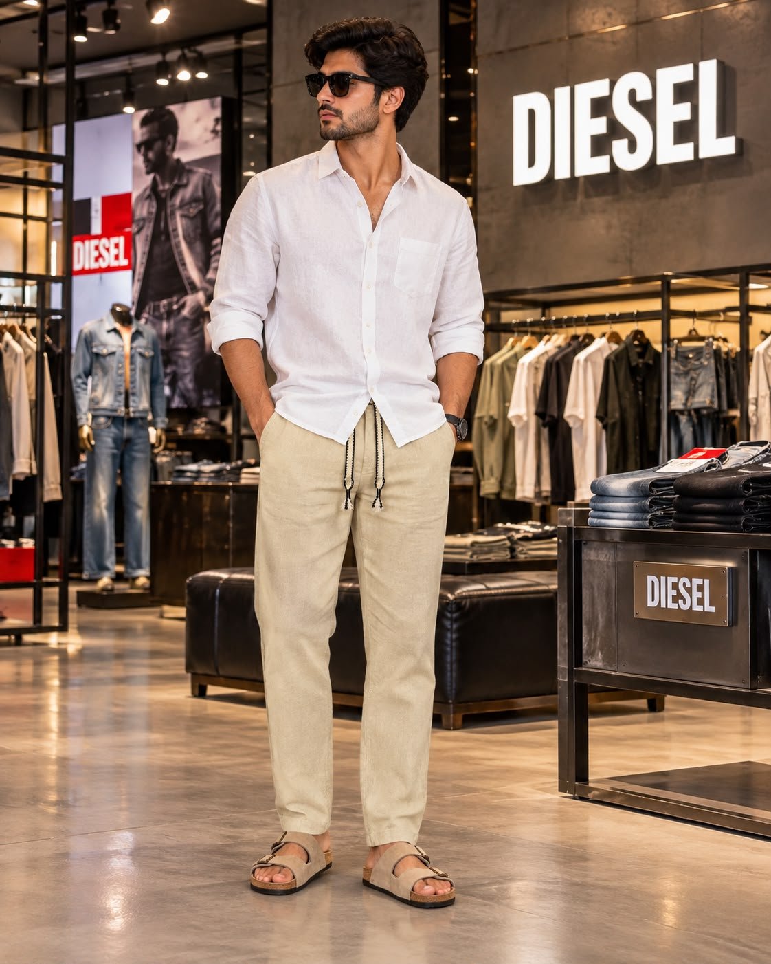 Diesel Cotton Linen Premium Pants ( Light beige ) 3