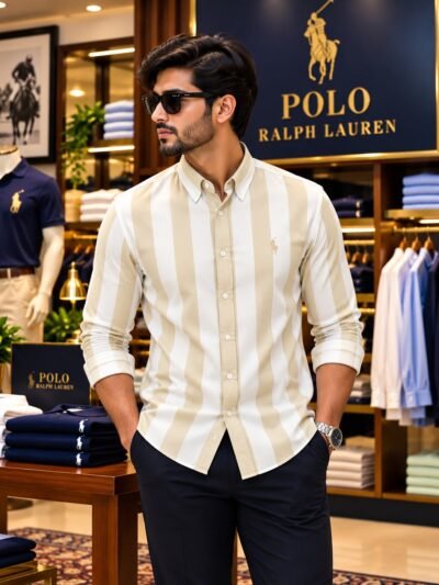 Premium RL Polo Stripes Shirt(White & beige) 1