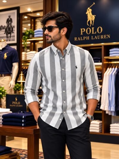 Premium RL Polo Stripes Shirt(White & charcoal gray) 4