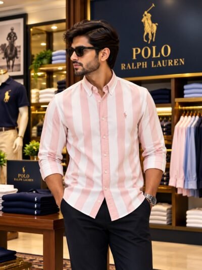 Premium RL Polo Stripes Shirt(White & baby pink) 3