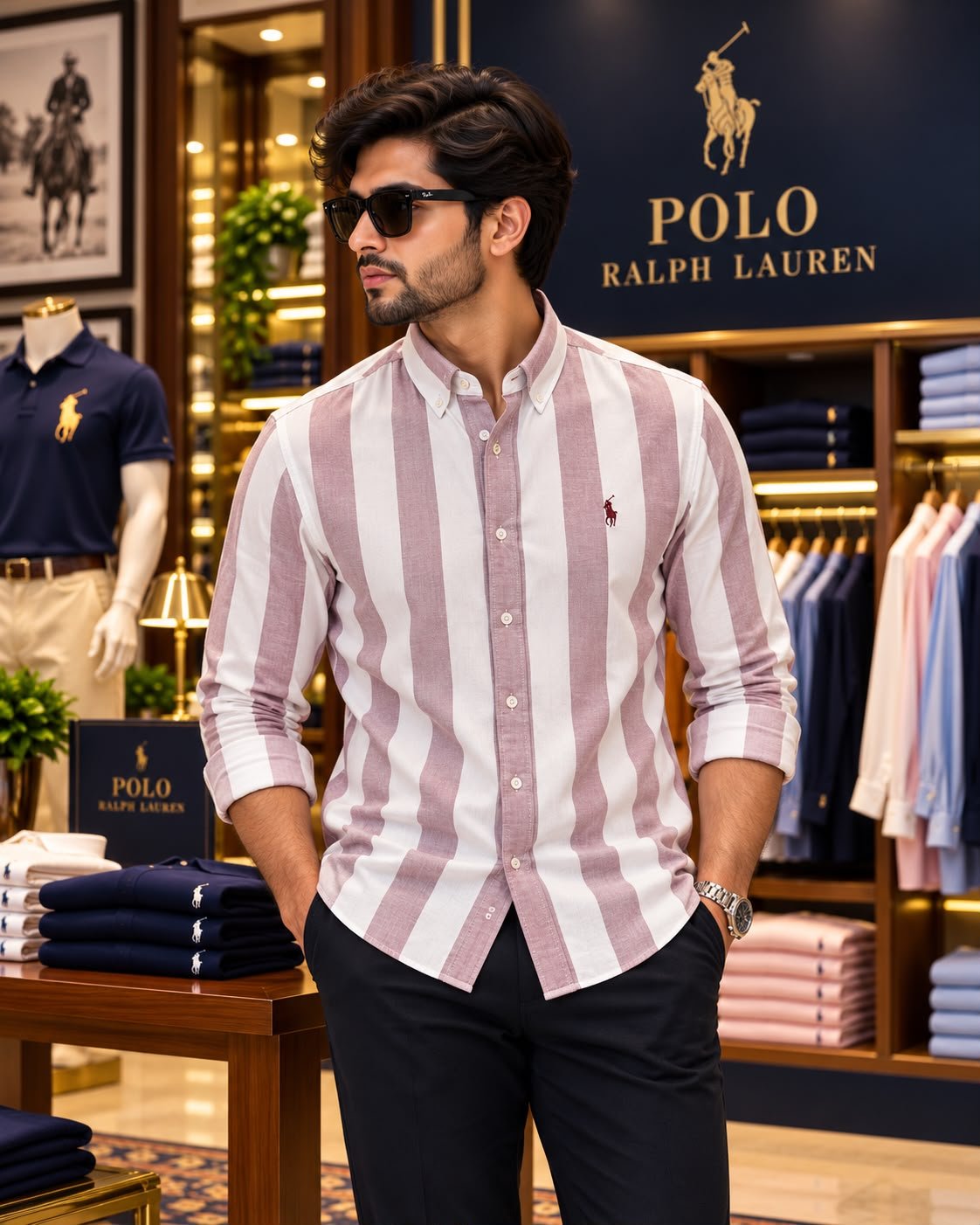 Premium RL Polo Stripes Shirt(White & dusty mauve) 7